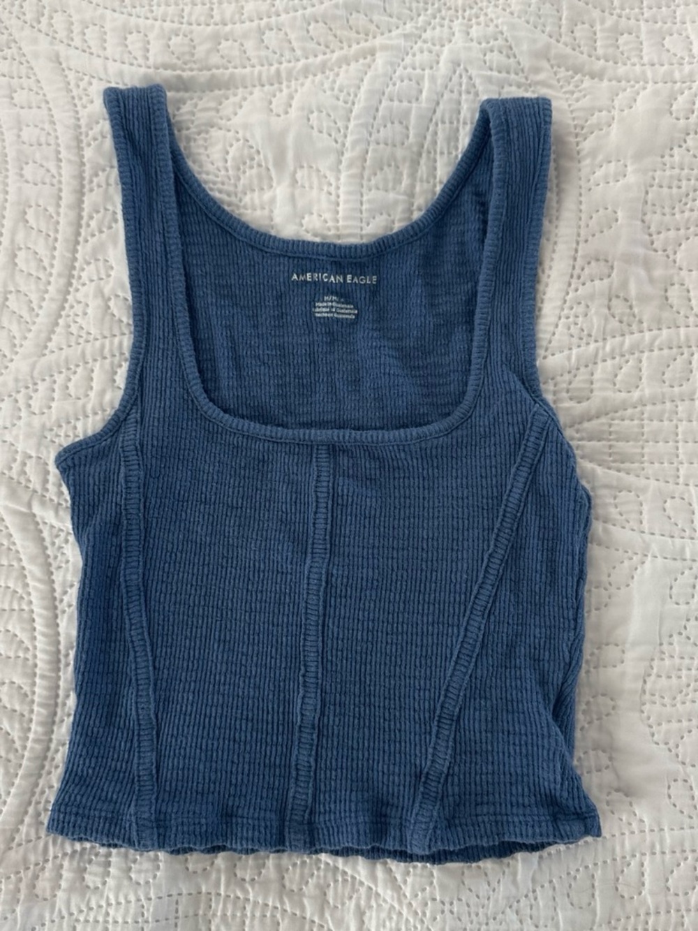 American Eagle Outfitters Blue Ribbed Square-Neck Crop Tank